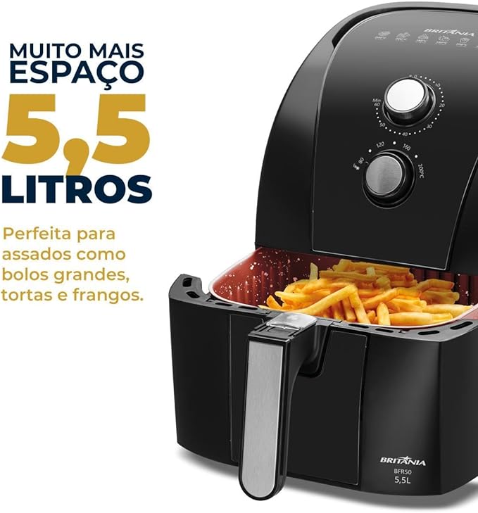 O revestimento do cesto interno da Air Fryer 5,5 litros da Britania possui tecnologia de nano cerâmica Redstone.