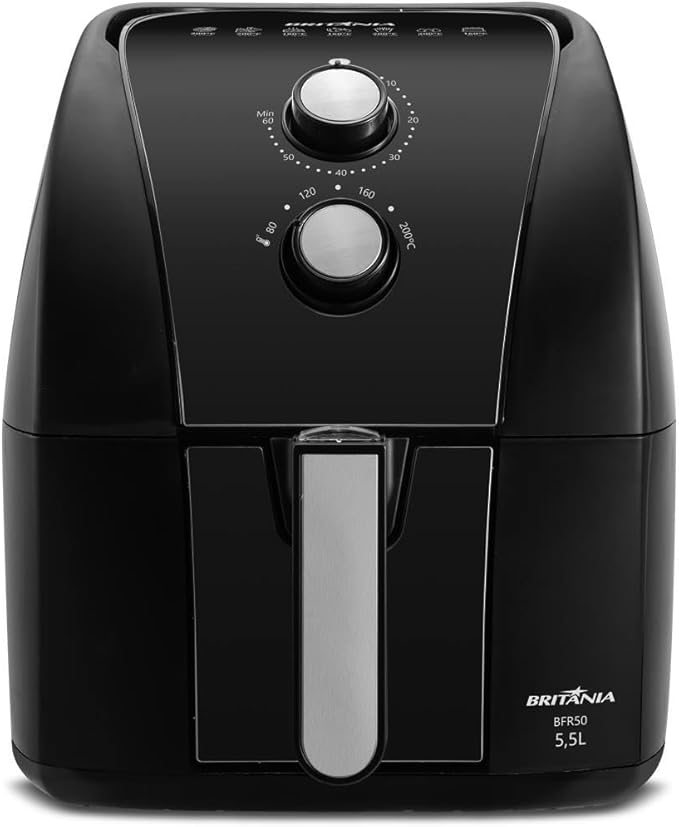 Você prefere uma Air Fryer 5 litros ou de 4 litros? Esta é a Air Fryer BRF 50, da Britania, de 5,5 litros.