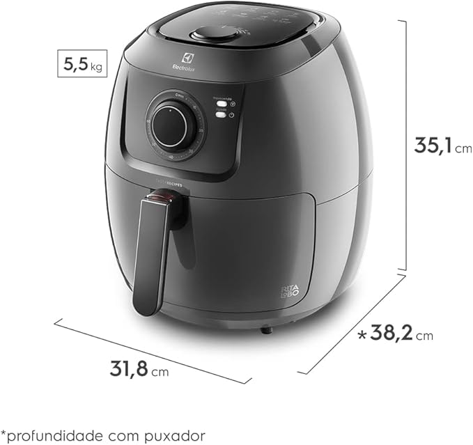 Estas são as dimensões da Air Fryer 5 litros da Electrolux, EAF 50, assinada por Rita Lobo.