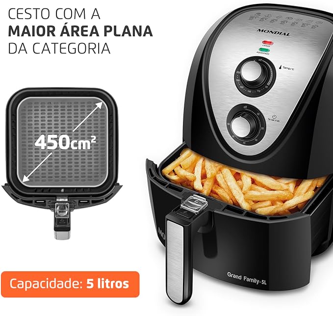 A Air Fryer 5 litros da Mondial possui cesto removível com área plana de 450 cm2.