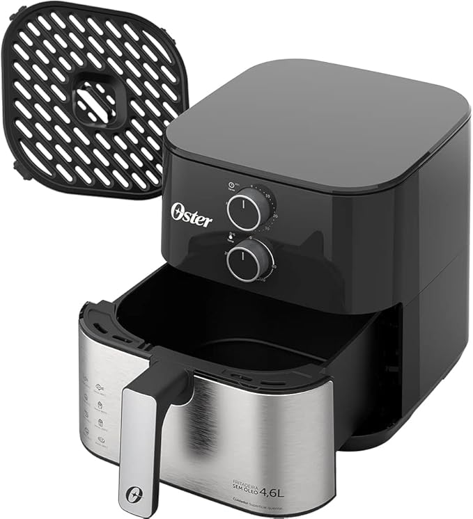 As Air Fryer 5 litros e de 4 litros, apesar de semelhantes, possuem características próprias. Essa Air Fryer da Oster não possui cesto interno, apenas uma grelha.