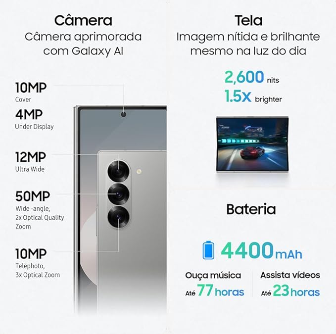 Essa é sua escolha dentre os celulares Samsung se você busca tecnologia e desempenho. Galaxy Z Fold6. Câmeras, tela e bateria para ninguém botar defeito.