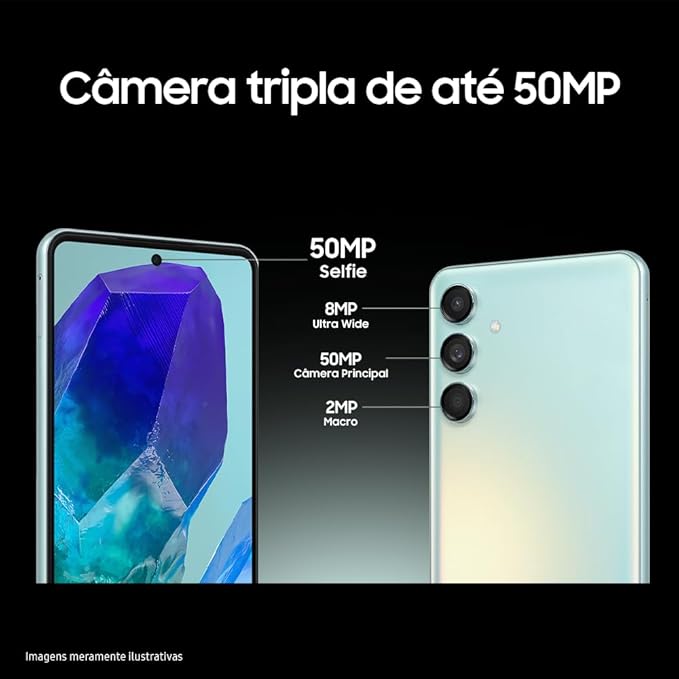 Topo da linha M, o Galaxy M55, como os demais celulares da Samsung, possui recursos e qualidades excelentes. Câmera de 50 MP para selfie: é você bem na fita!