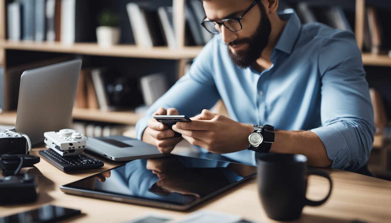Uma pessoa sentada em uma mesa com um tablet, cercada por livros, um laptop e acessórios de jogos