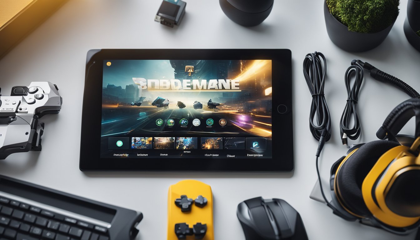Um tablet cercado por acessórios de jogos, materiais de estudo e ferramentas de trabalho, com itens de manutenção e cuidado nas proximidades.