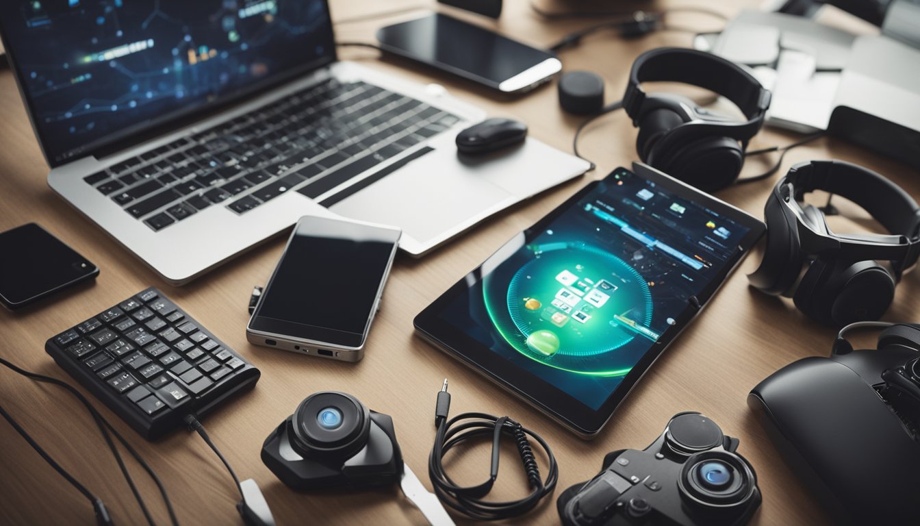 Uma mesa com uma variedade de tablets, cercada por acessórios de jogos, materiais de estudo e ferramentas de trabalho.