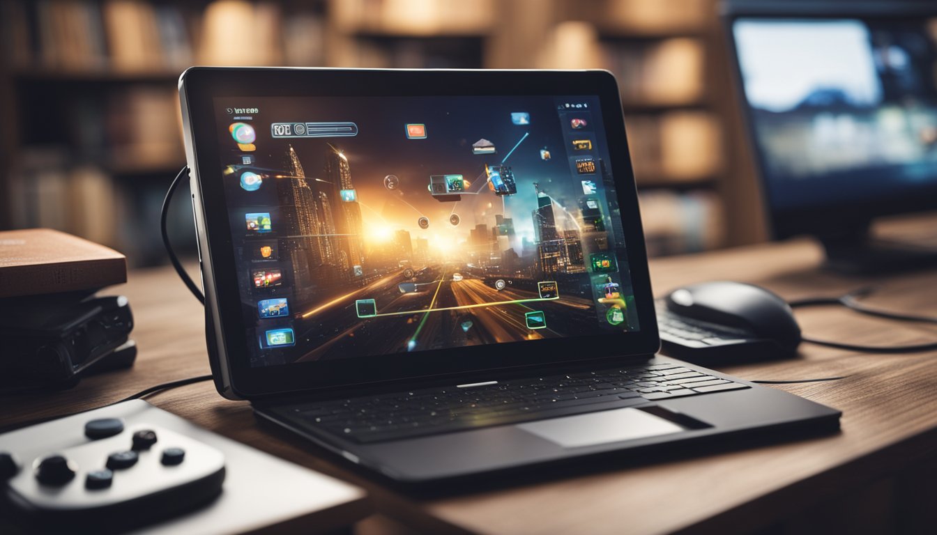Um tablet com aplicativos de jogos, estudo e trabalho abertos, cercado por livros, um controle de videogame e um laptop.