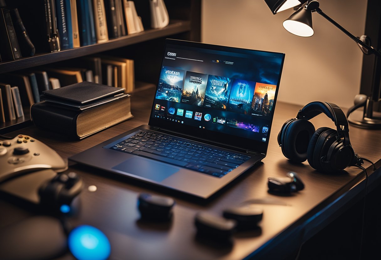 Um notebook para jogos cercado por livros, uma lâmpada de mesa e um controle de videogame, com um fone de ouvido pendurado do lado.