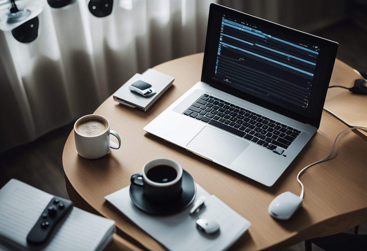 Um notebook moderno e elegante está sobre uma mesa, cercado por papéis espalhados, um controle de videogame e uma xícara de café. O ambiente é suavemente iluminado, com uma atmosfera aconchegante e produtiva.