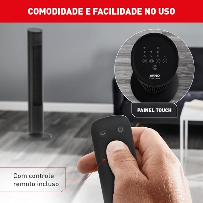 O ventilador de torre da Arno, o Eole Ultra possui controle remoto, o que deixa seu uso muito mais prático.