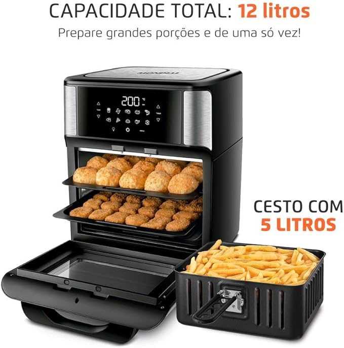Com a  Air Fryer Oven Mondial AFON 12L BI você pode preparar grandes porções de uma só vez. Seu cesto possui 5 litros de capacidade.