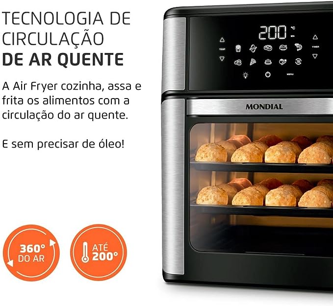 A Air Fryer Oven Mondial AFON 12L BI possui tecnologia de circulação do ar quente em 360º.