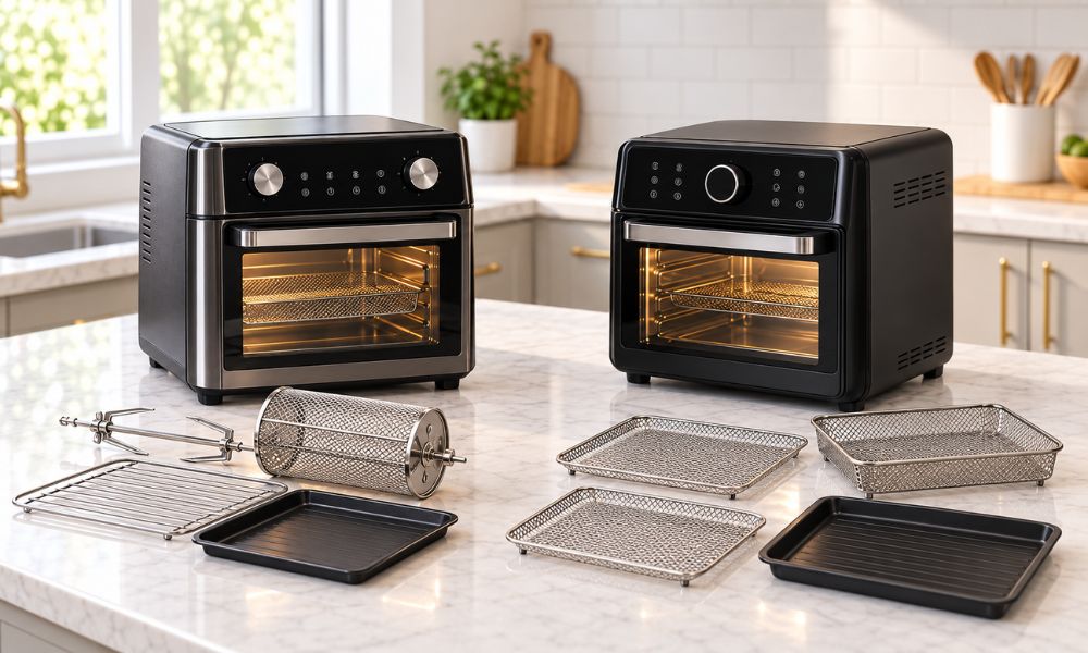 Comparação entre duas Air Fryer Oven de 12 litros e seus acessórios organizados sobre uma bancada.