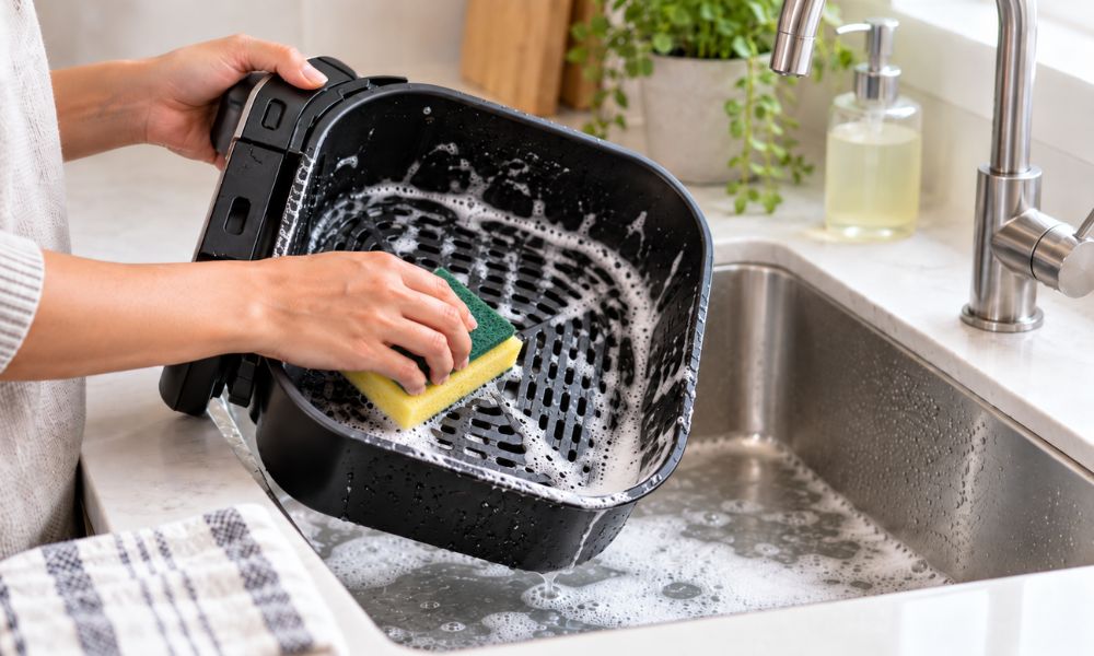Pessoa limpando o cesto antiaderente de uma Air Fryer com esponja macia e detergente, sobre a pia da cozinha, com a torneira fechada.