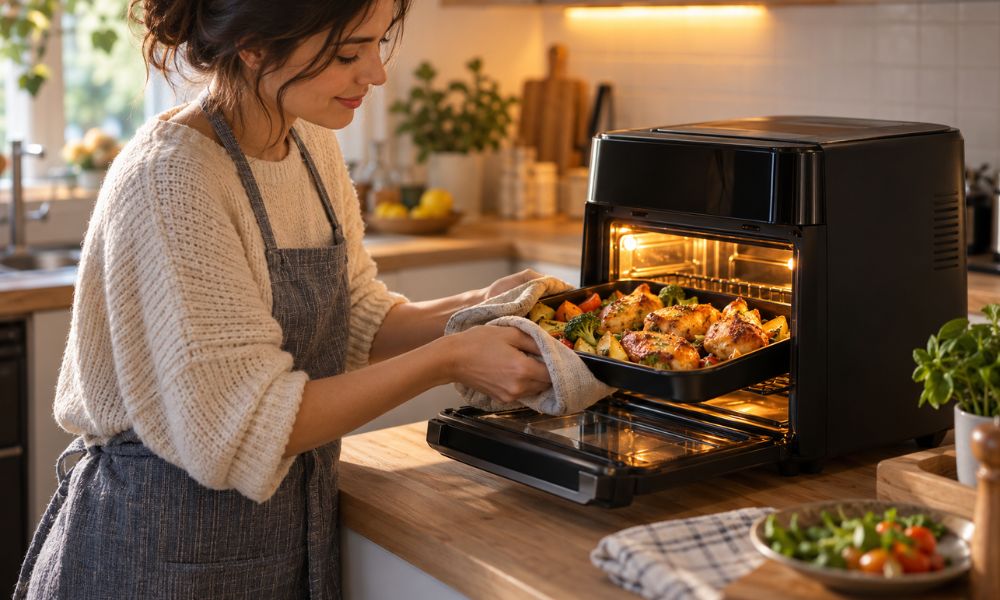 Mulher retirando uma assadeira com frango e legumes de uma Air Fryer Oven, usando panos para proteger as mãos, em uma cozinha aconchegante.