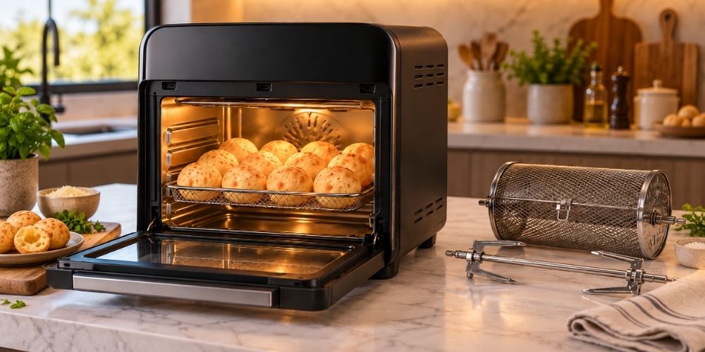 Air Fryer Oven aberta com pães de queijo e acessórios para preparo na cozinha.